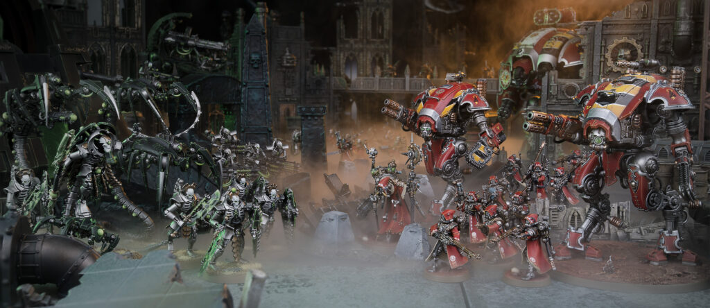 A dramatic depiction of a fierce battle between two powerful factions in the Warhammer 40,000 universe: the Necrons and the Adeptus Mechanicus. The Necrons, with their advanced technology and relentless nature, are shown facing off against the Adeptus Mechanicus, a faction of cyborgs with a religious devotion to machines. The image captures the intense action and high stakes of the conflict between these two formidable armies.