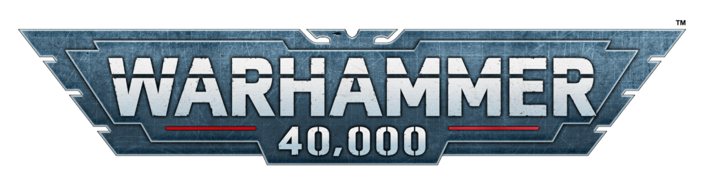 The iconic logo for the popular tabletop wargame Warhammer 40,000 features a stylized letter W with a diagonal lightning bolt through it, set against a black background. The logo represents the epic battles and futuristic universe of Warhammer 40K."
